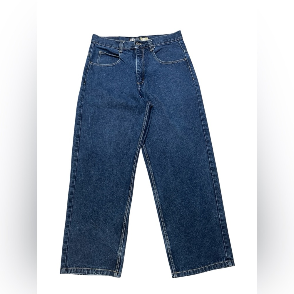 South Pole Vintage Y2K Jeans Dark Wash Baggy Wide Leg Contrast Stitching Mens 34